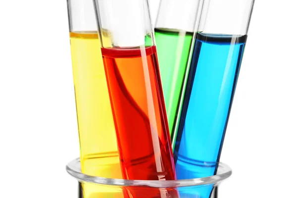 Test Tubes Colorful Liquids Glass Beaker White Background Closeup — Stock Photo, Image