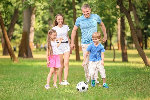 Família Feliz Jogando Futebol Parque Dia Verão — Fotografia de Stock