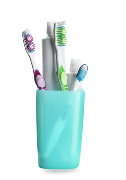 Cup Toothbrushes Paste White Background — Stock Photo, Image