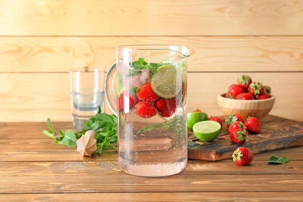 Glass Jug Tasty Strawberry Lemonade Wooden Table — Stock Photo, Image