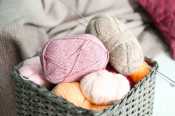Colorful Knitting Yarn Needles Wicker Basket Indoors — Stock Photo, Image