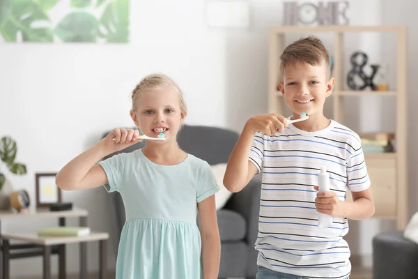 Cute Little Children Brushing Teeth Home — Stock Photo, Image