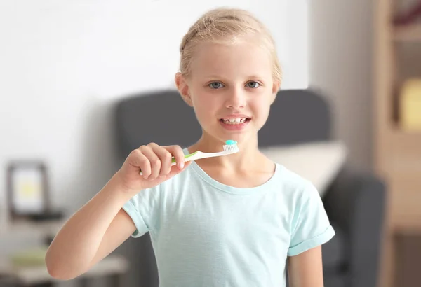 Cute Little Girl Brushing Teeth Home — Stock Photo, Image