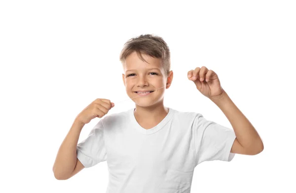 Söt Liten Pojke Flossing Tänder Vit Bakgrund — Stockfoto