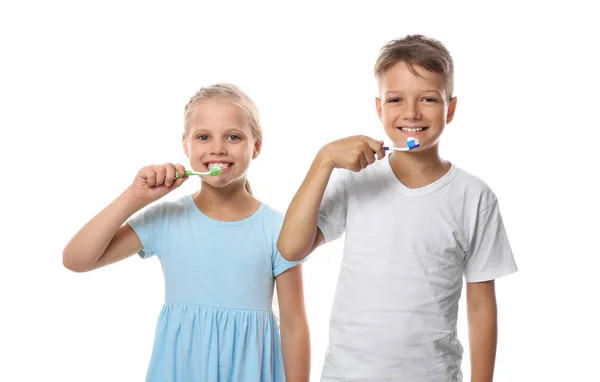 Leuke Lieve Kinderen Tanden Poetsen Witte Achtergrond — Stockfoto