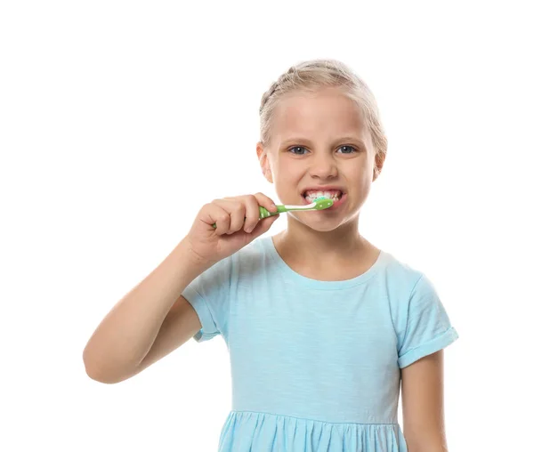 Ładna Dziewczynka Szczotkowanie Zębów Białym Tle — Zdjęcie stockowe