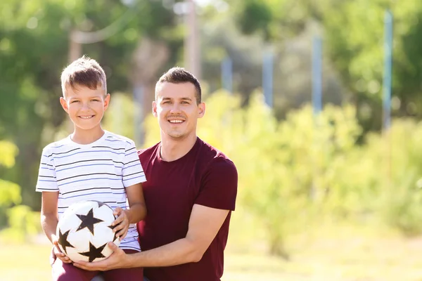 Little Boy His Dad Soccer Ball Outdoors — Stock Photo, Image