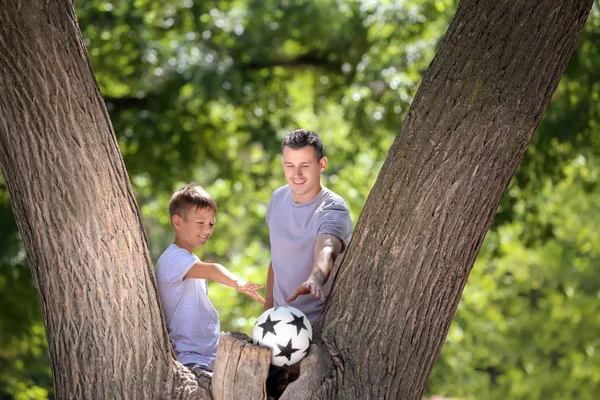Menino Seu Pai Com Bola Futebol Perto Árvore Livre — Fotografia de Stock