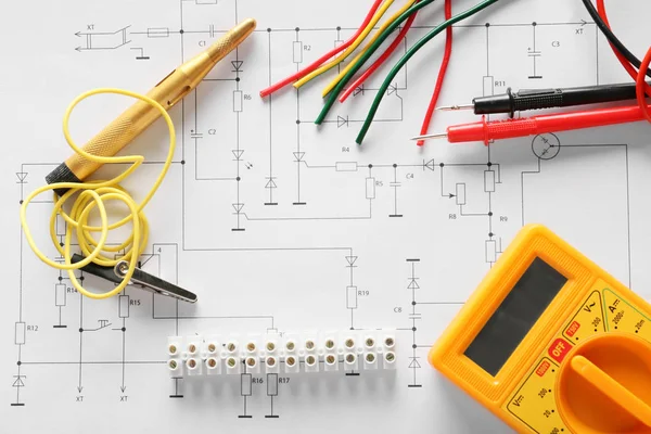 Different Electrician Supplies Electrical Scheme — Stock Photo, Image