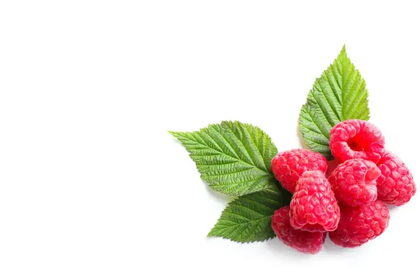 Delicious Ripe Raspberries Leaves White Background — Stock Photo, Image
