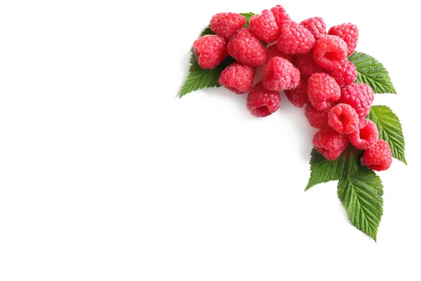 Delicious Matang Raspberry Dengan Daun Latar Belakang Putih — Stok Foto
