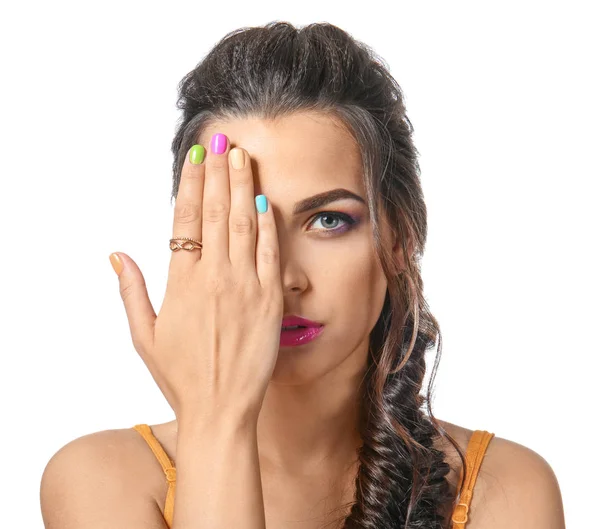 Mooie Jonge Vrouw Met Kleurrijke Manicure Witte Achtergrond — Stockfoto