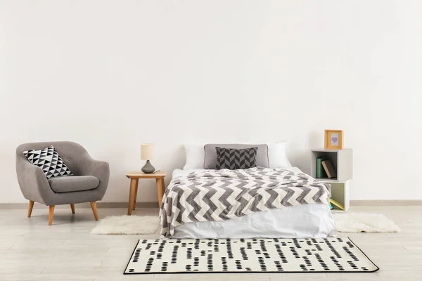 Stylish Furniture Big Bed Light Wall — Stock Photo, Image