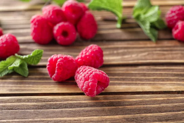 Delicious Fresh Ripe Raspberries Wooden Background — Stock Photo, Image