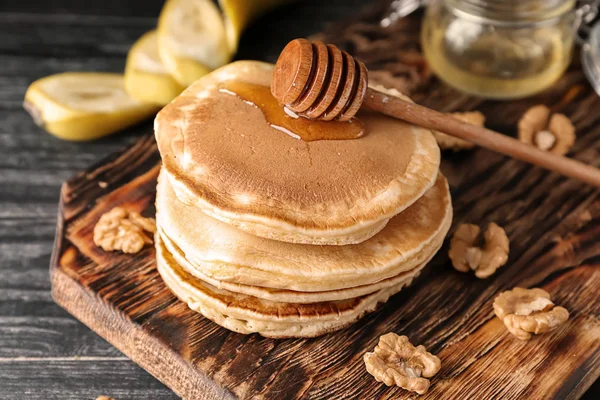 Wooden Board Tasty Pancakes Table — Stock Photo, Image