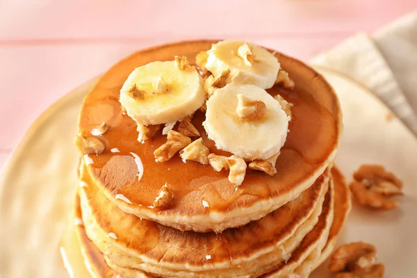 Tasty Pancakes Walnuts Sliced Banana Plate Closeup — Stock Photo, Image