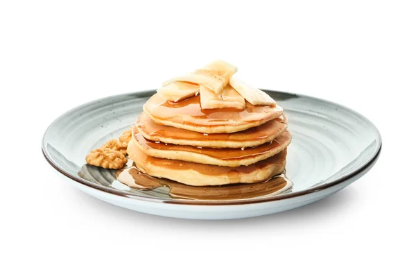 Placa Con Sabrosos Panqueques Nueces Plátano Rodajas Sobre Fondo Blanco — Foto de Stock