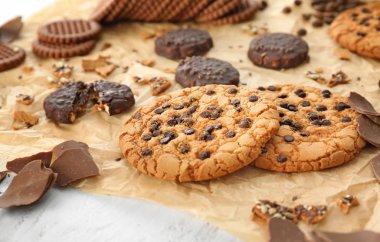 Parşömen, closeup farklı lezzetli kurabiyeleri