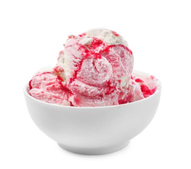 Kase lezzetli dondurma beyaz zemin üzerine tatlı reçelli