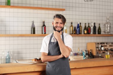 Önlük giyen yakışıklı erkek barmen çubuk