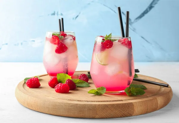 Glasses Fresh Raspberry Mojito Wooden Board — Stock Photo, Image