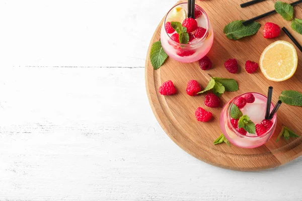 Glasses Fresh Raspberry Mojito Wooden Board — Stock Photo, Image