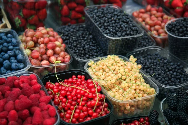 Recipientes Com Diferentes Bagas Maduras Mercado — Fotografia de Stock