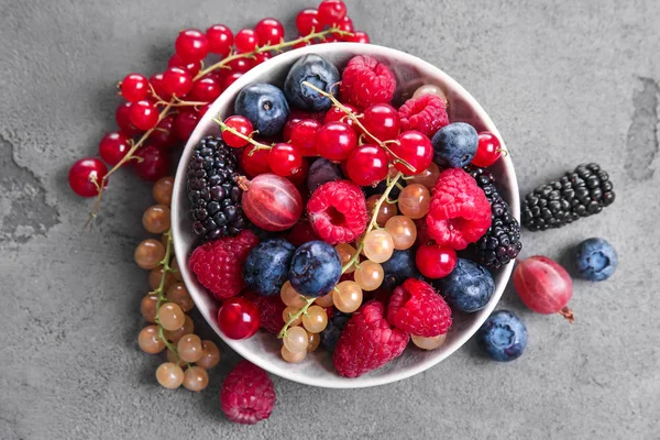 Bowl Different Ripe Berries Grey Table — Stock Photo, Image