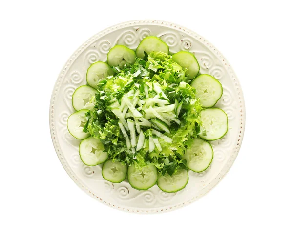 Placa Com Salada Legumes Saborosa Fundo Branco — Fotografia de Stock