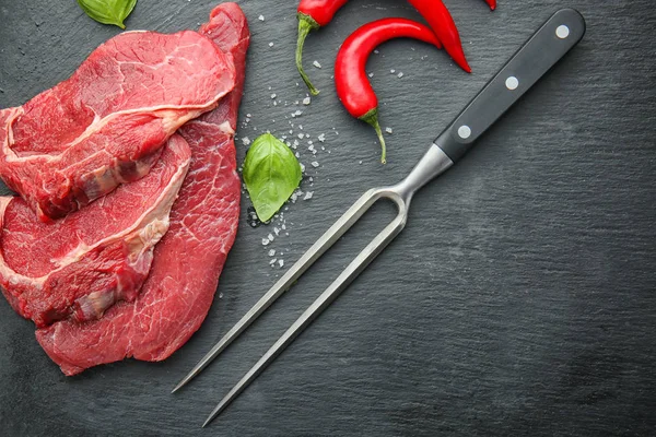 Fresh Raw Meat Fork Fresh Spices Slate Plate — Stock Photo, Image