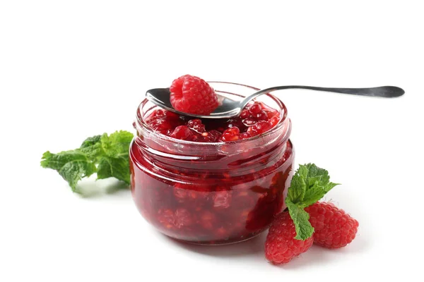 Glass Jar Raspberry Jam White Background — Stock Photo, Image