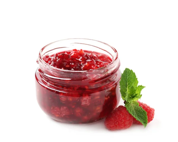 Glass Jar Raspberry Jam White Background — Stock Photo, Image