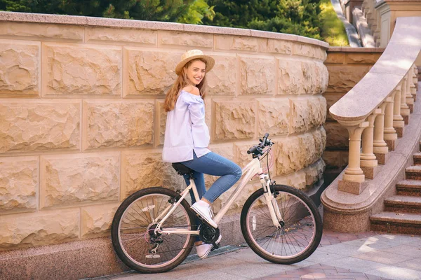Beautiful Young Woman Bicycle Outdoors — Stock Photo, Image