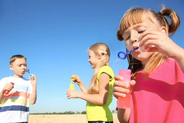 Cute Little Children Blowing Soap Bubbles Wheat Field Sunny Day — Stock Photo, Image