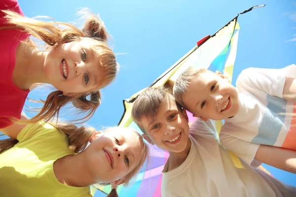 Cute Little Children Kite Blue Sky Background — Stock Photo, Image