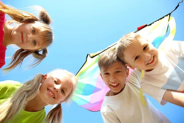 Cute Little Children Kite Blue Sky Background — Stock Photo, Image