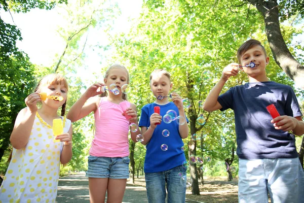 Cute Little Children Blowing Soap Bubbles Park — Stock Photo, Image