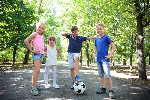Lindos Niños Pequeños Con Pelota Fútbol Parque — Foto de Stock