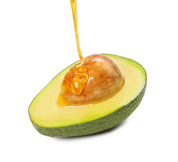 Half Ripe Avocado Honey White Background — Stock Photo, Image