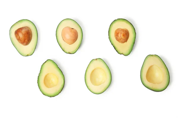 Helften Van Rijpe Avocado Witte Achtergrond Plat Leggen — Stockfoto