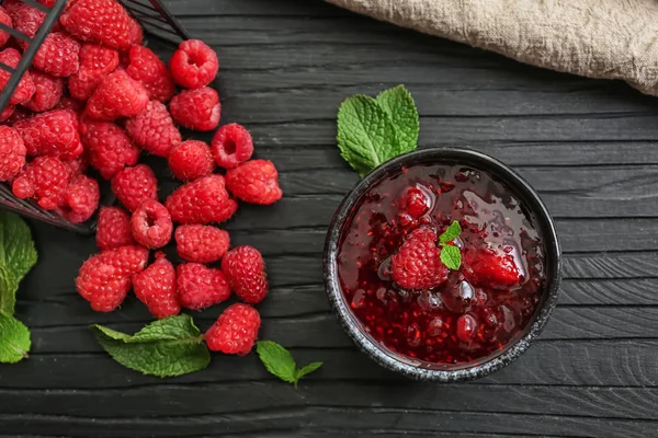 Bowl Sweet Raspberry Jam Fresh Berries Table — Stock Photo, Image
