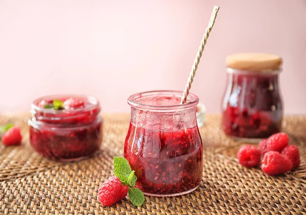 Glass Jar Sweet Homemade Raspberry Jam Table — Stock Photo, Image