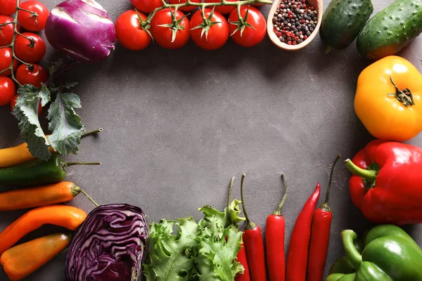 Frame Made Fresh Vegetables Salad Grey Background — Stock Photo, Image