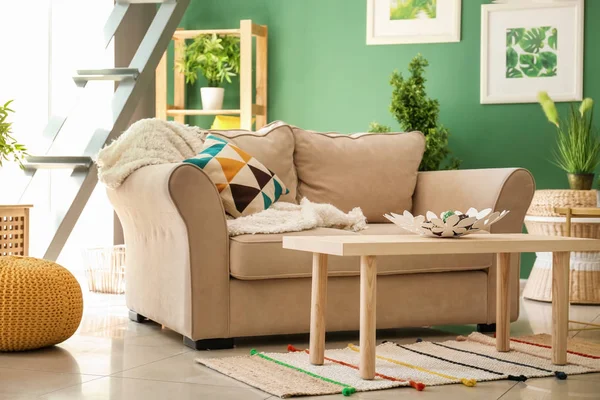 Modern Interior Living Room Comfortable Sofa Wooden Table — Stock Photo, Image