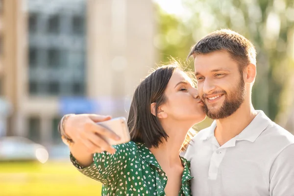 Happy Lovely Couple Taking Selfie Sunny Day Outdoors — Stock Photo, Image