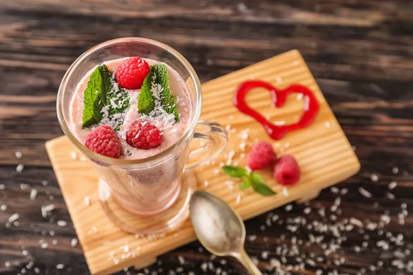 Glass Tasty Raspberry Smoothie Wooden Table — Stock Photo, Image