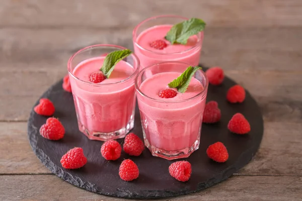 Glasses Tasty Raspberry Smoothie Wooden Table — Stock Photo, Image