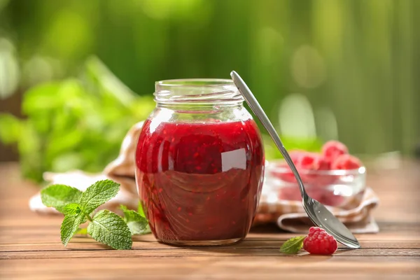Glass Jar Sweet Raspberry Jam Table Outdoors — Stock Photo, Image