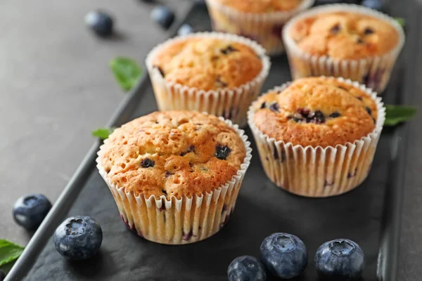 Tasty Blueberry Muffins Plate Closeup — Stock Photo, Image