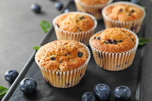 Muffins Mirtilo Saborosos Placa Close — Fotografia de Stock